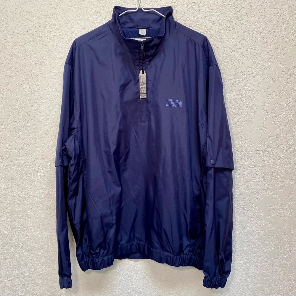 IBM Destinations Pullover Men L Blue 1/4 Zip Windbreaker Jacket Removable Sleeve